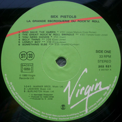 Sex Pistols - The Great Rock 'N' Roll Swindle Single LP Virgin Records West Germany SACEM Pressing